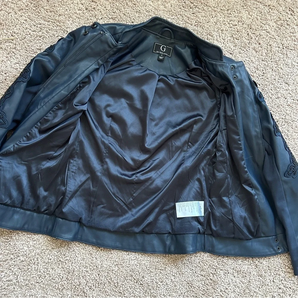 G by Guiliana Vintage Vegan Leather Beaded Embroidered Floral Navy Jacket Size 0